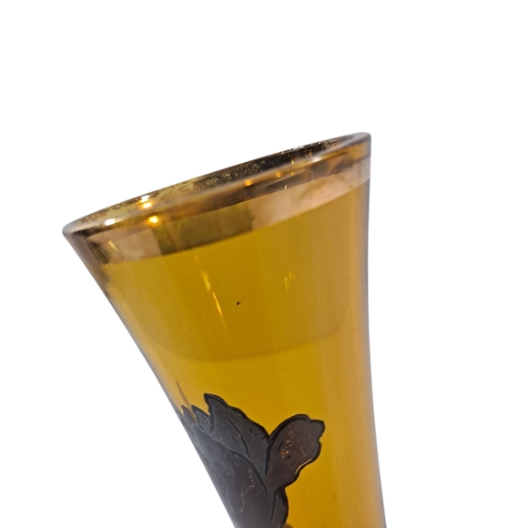 Vintage Amber Applied Flower Decal Glass Bud Vase 8" - Picture 8 of 9